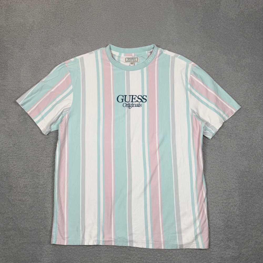 Guess Originals Mens Pastel Vertical Stripe Embroidered Logo T-Shirt Large